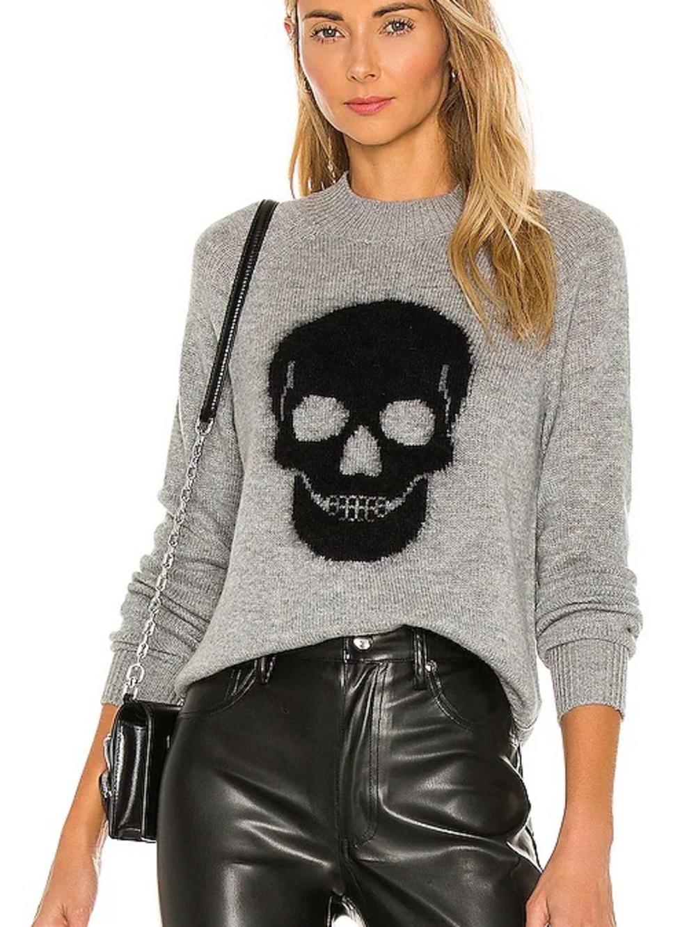 Women's Gray Skull Crewneck Sweater - Casual Knit oversized XS